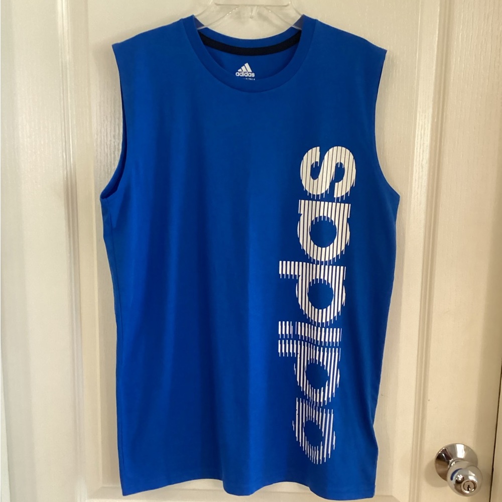 Adidas, boy’s sleeveless workout shirt, blue, size 14/16